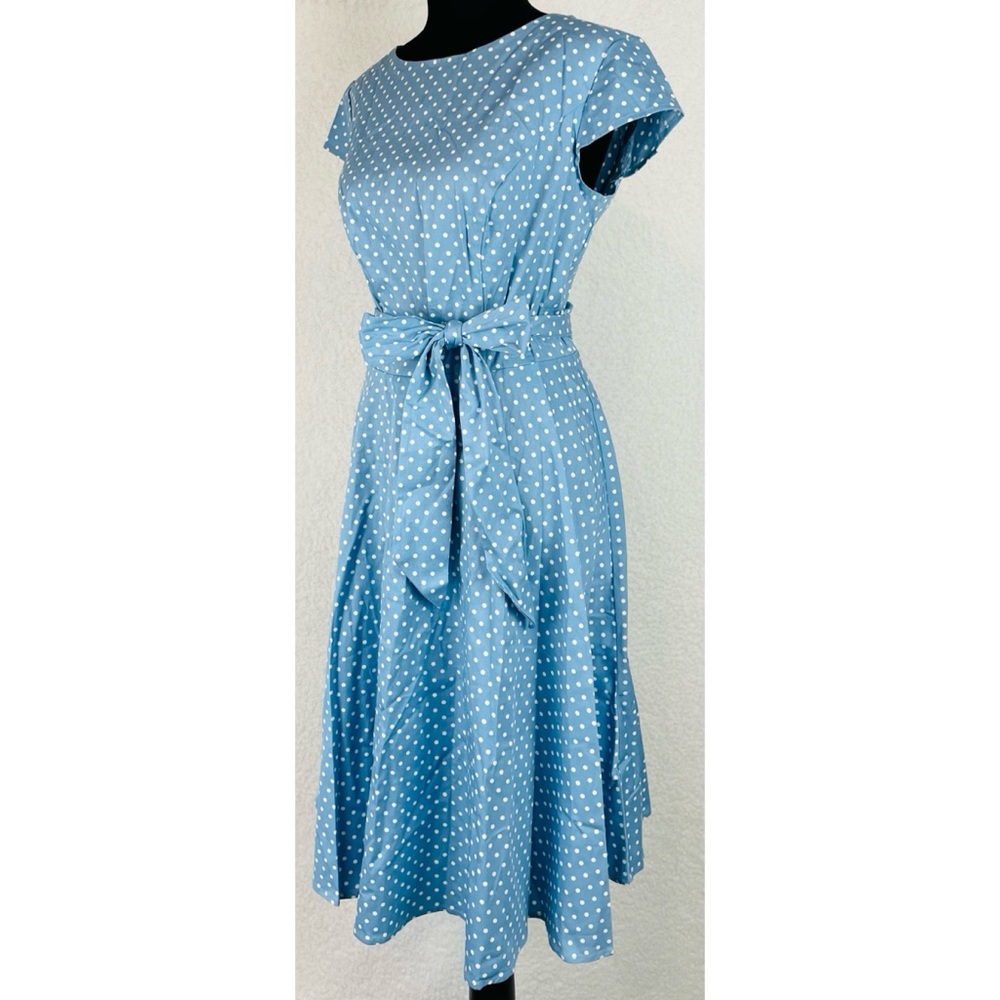 (NWOT) DRESSYSTAR • Blue/White Polka Dot Vintage-Inspired Cap Sleeve Dress, M - Picture 7 of 16